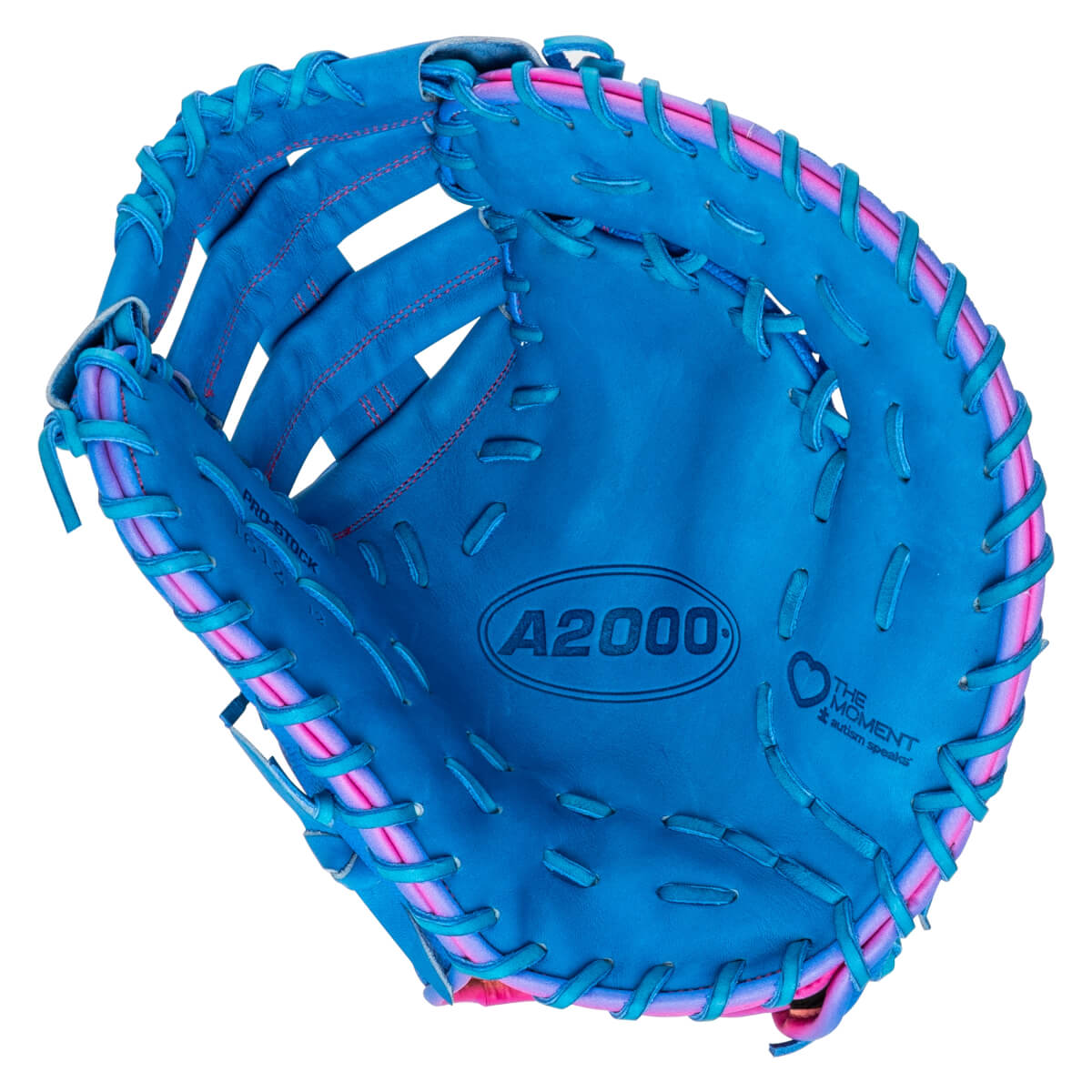 Front view of a blue leather mitt with pink and blue lacing, featuring the A2000 logo and THE MOMENT autism speaks branding on the palm.