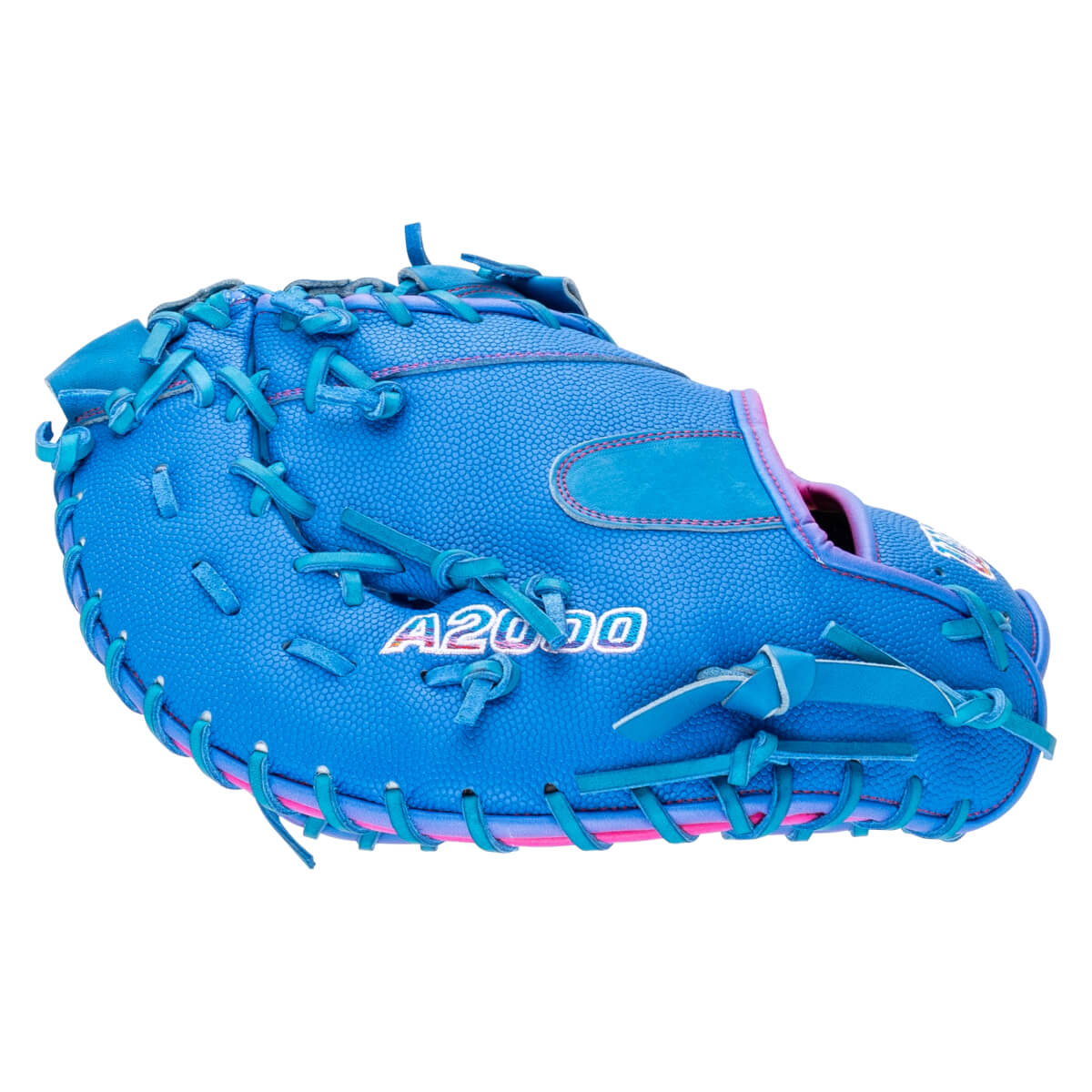 Back view of a blue catcher's mitt featuring a pebbled texture, pink trim, and the white A2000 logo with a pink outline.