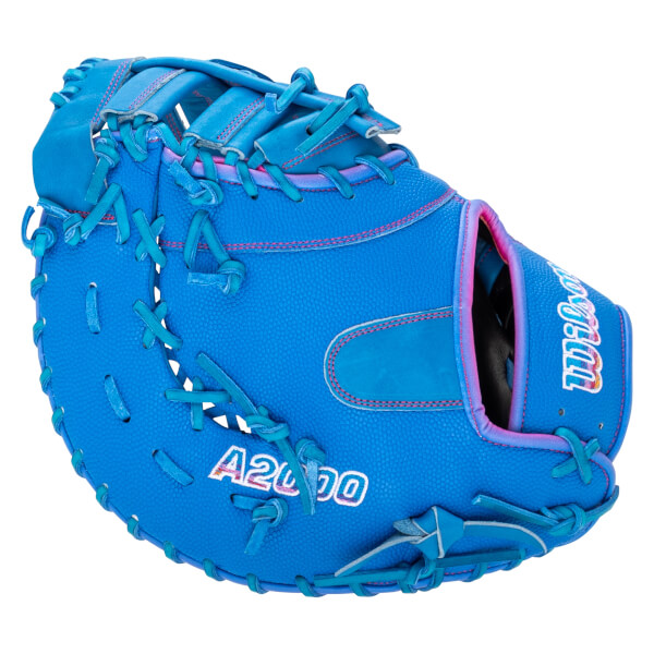 Back view of an electric blue textured catcher's mitt featuring pink stitching and "Wilson" and "A2000" logos in a multicolored gradient font.
