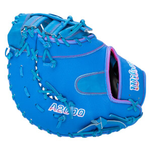 Back view of an electric blue textured catcher's mitt featuring pink stitching and "Wilson" and "A2000" logos in a multicolored gradient font.