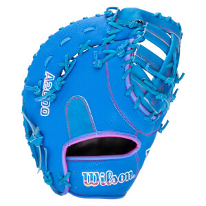 Back view of a textured blue Wilson A2000 catcher's mitt featuring pink gradient accents and the "Wilson" and "A2000" logos.