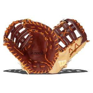 Top-down view of a brown and tan baseball glove with orange lacing and "A2000" branding.