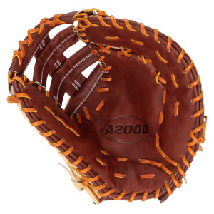 Top-down view of a brown baseball glove with orange lacing and "A2000" embossed on the palm.
