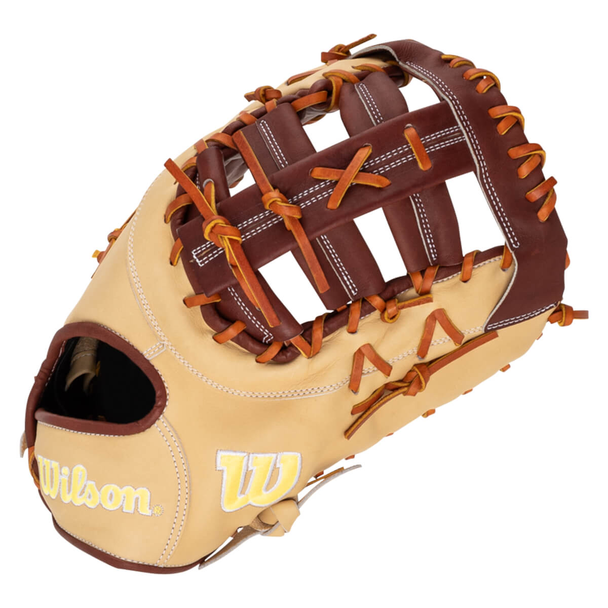 Top-down view of a tan and brown baseball glove with "Wilson" logo and "W" emblem.