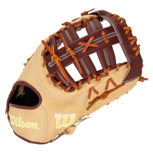 Top-down view of a tan and brown baseball glove with "Wilson" logo and "W" emblem.