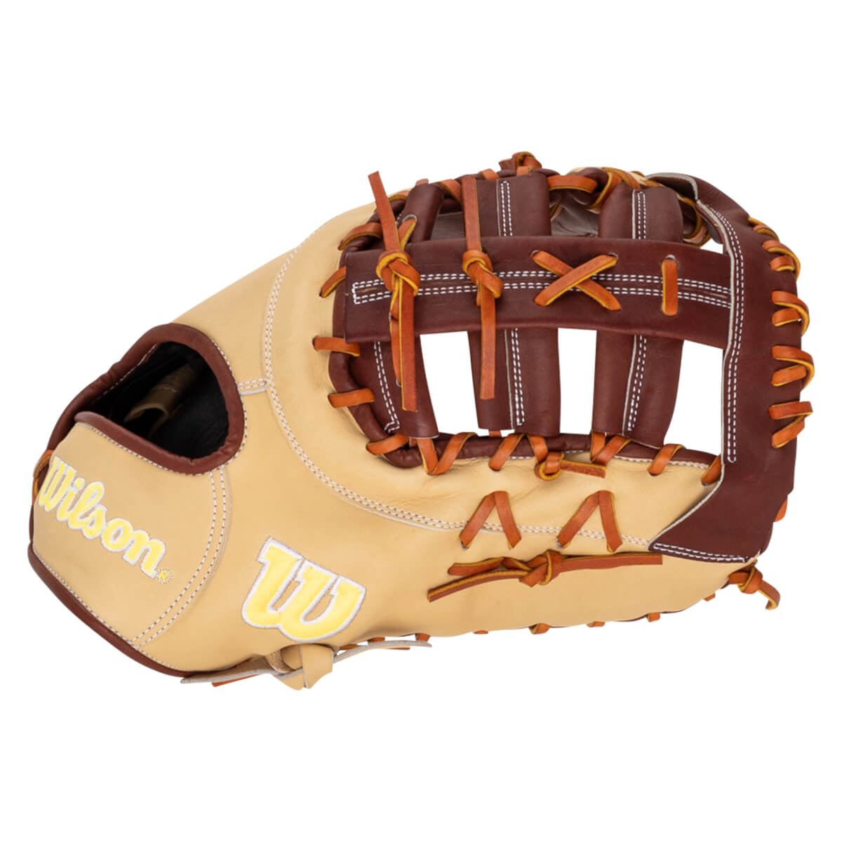 Side view of a tan and brown Wilson baseball glove with white stitching and a yellow "W" logo.