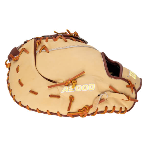 Top-down view of a tan baseball glove with brown lacing and "A2000" embroidered in yellow.