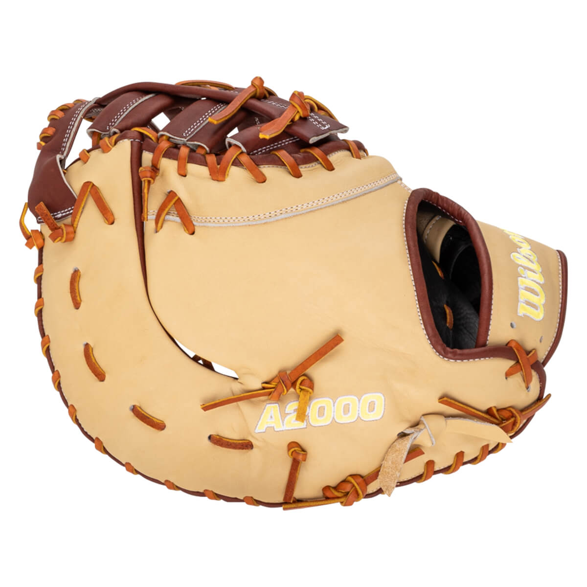 Front view of a tan baseball glove with brown lacing, showing the "A2000" logo.