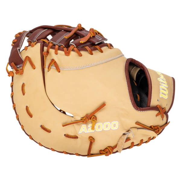 Front view of a tan baseball glove with brown lacing, showing the "A2000" logo.