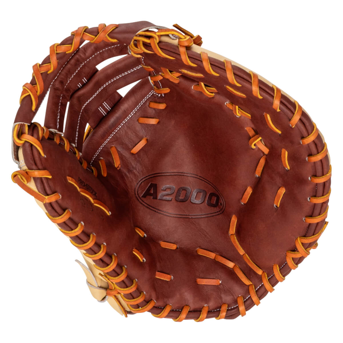 Top-down view of a brown baseball glove with orange lacing and "A2000" embossed on the palm.