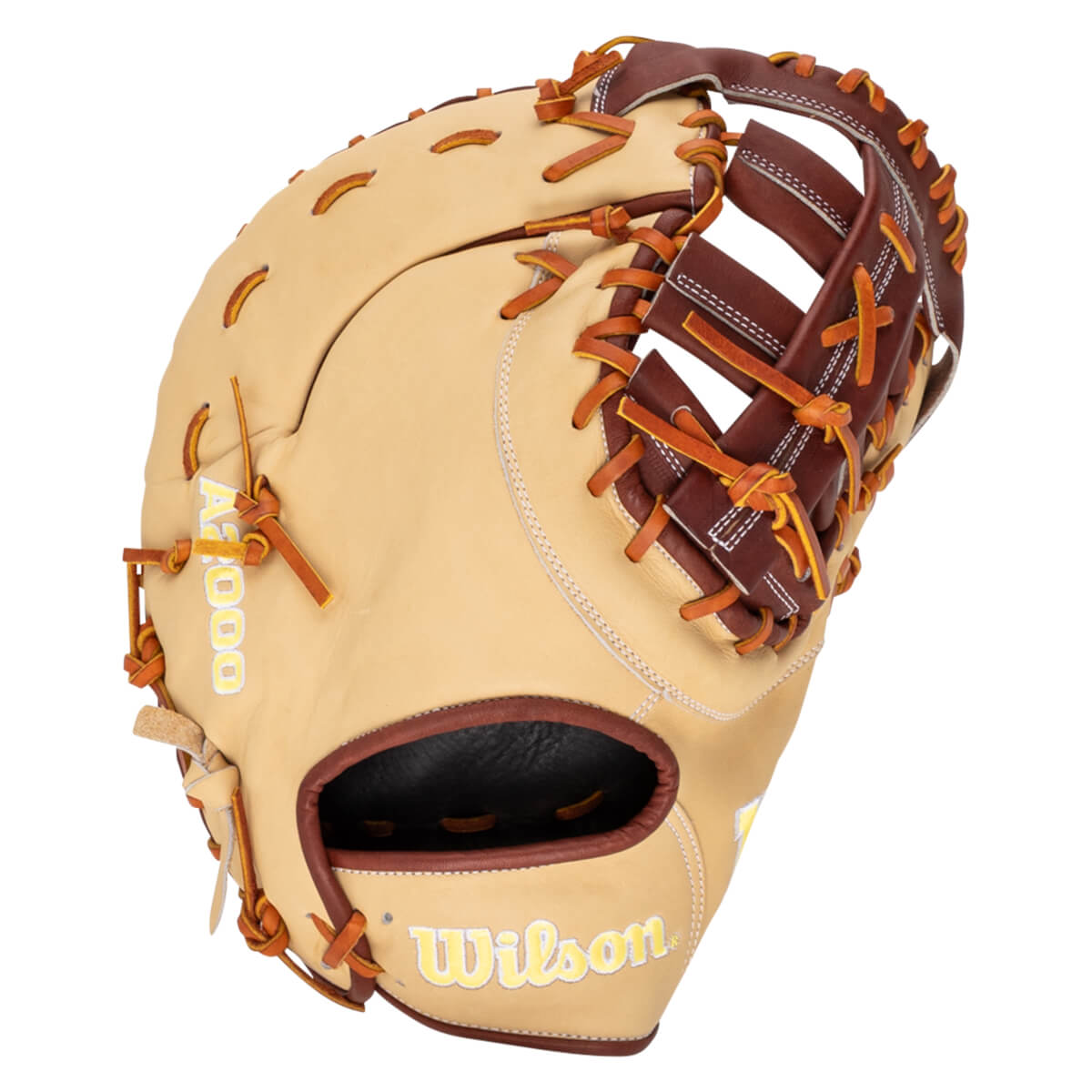 Top-down view of a tan and brown baseball glove with "A2000" and "Wilson" logos.