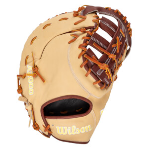 Top-down view of a tan and brown baseball glove with "A2000" and "Wilson" logos.