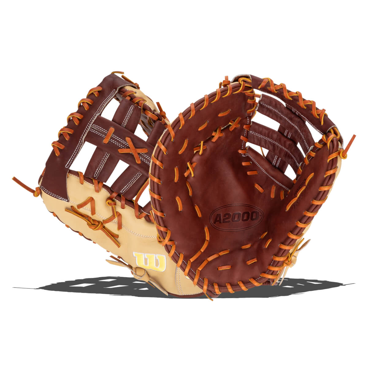 Top-down view of two brown and tan baseball gloves with orange lacing, showing the "A2000" and "W" logos.