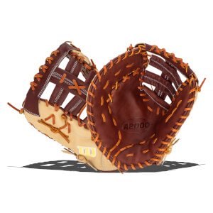 Top-down view of two brown and tan baseball gloves with orange lacing, showing the "A2000" and "W" logos.