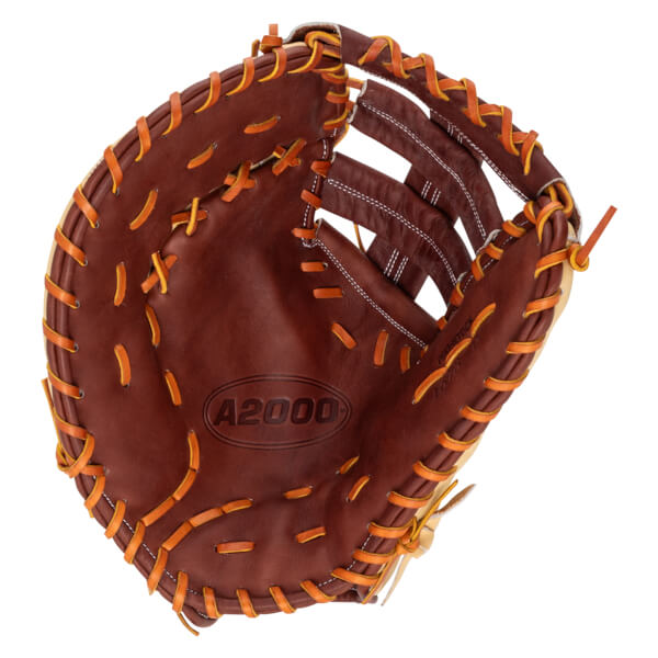 Top-down view of a brown baseball glove with orange lacing and "A2000" embossed on the palm.