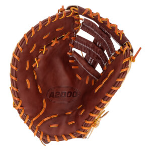 Top-down view of a brown baseball glove with orange lacing and "A2000" embossed on the palm.