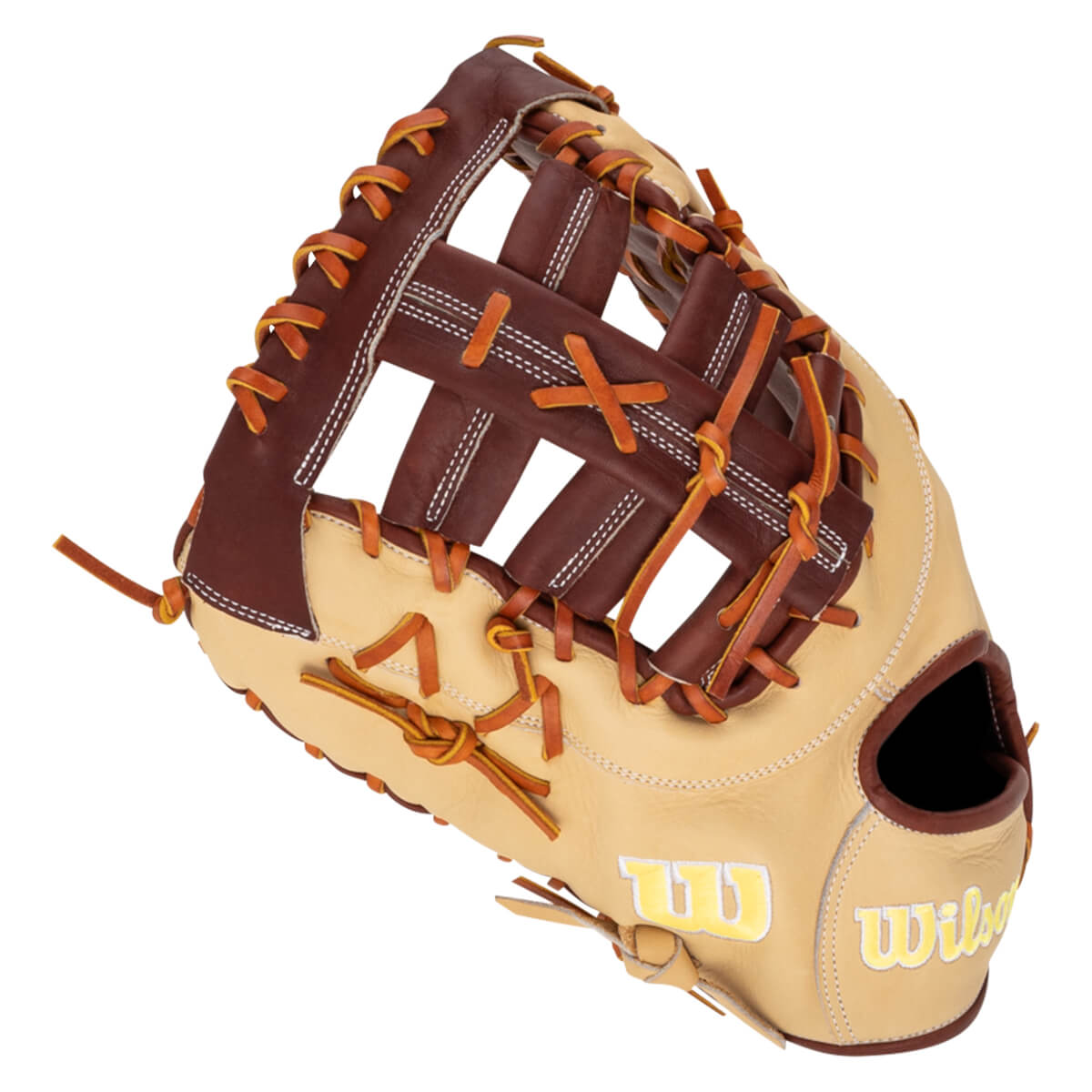 Top-down view of a tan and brown baseball glove with yellow "Wilson" lettering and a "W" logo.