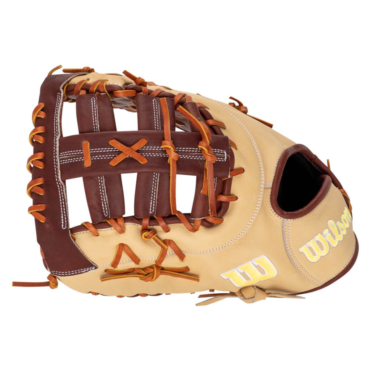 Side view of a tan and brown baseball glove with white stitching and yellow "Wilson" lettering.