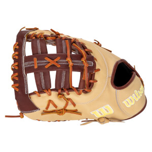 Side view of a tan and brown baseball glove with white stitching and yellow "Wilson" lettering.