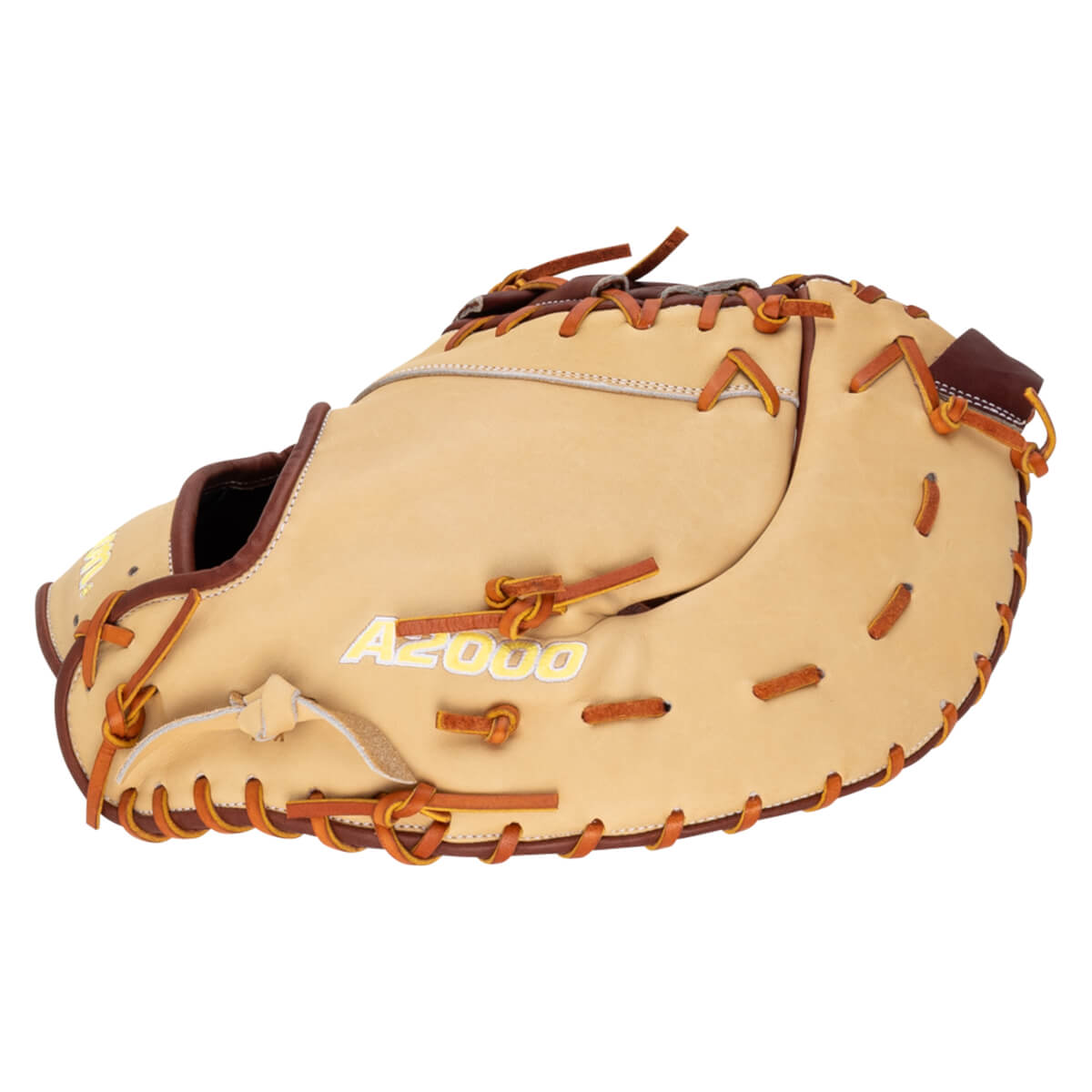 Top-down view of a tan baseball glove with brown lacing and "A2000" in yellow lettering.