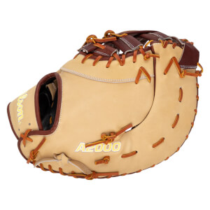 Side view of a tan baseball glove with brown lacing, featuring "Wilson" and "A2000" logos.