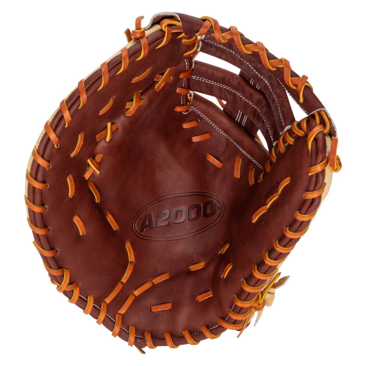 Top-down view of a brown baseball glove with orange lacing and "A2000" embossed on the palm.
