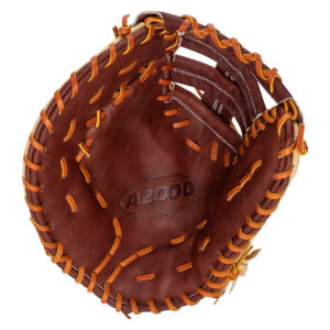 Top-down view of a brown baseball glove with orange lacing and "A2000" embossed on the palm.