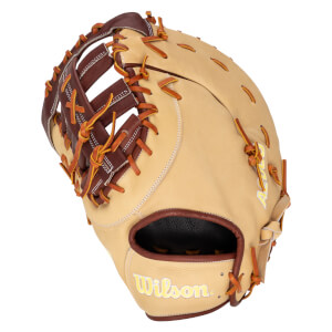Angled view of a tan baseball glove with brown lacing, showing the "Wilson" logo in yellow.