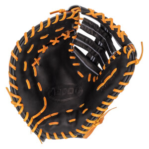 Top-down view of a black baseball glove with orange lacing and "A2000" embossed on the palm.