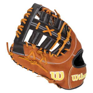 Side view of a brown and black baseball glove with orange lacing and yellow "W" and "Wilson" logos.