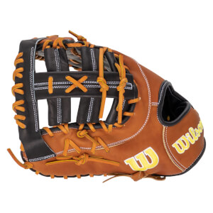 Side view of a brown baseball glove with orange lacing, black webbing, and yellow "Wilson" text.
