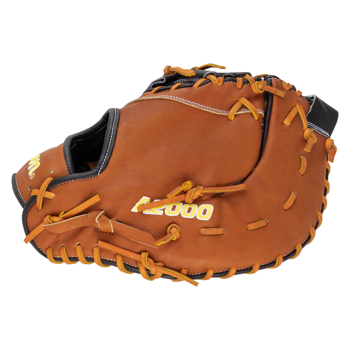 Top-down view of a brown baseball glove with "A2000" in yellow lettering and orange lacing.