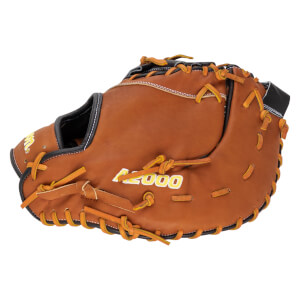 Top-down view of a brown baseball glove with "A2000" in yellow lettering and orange lacing.