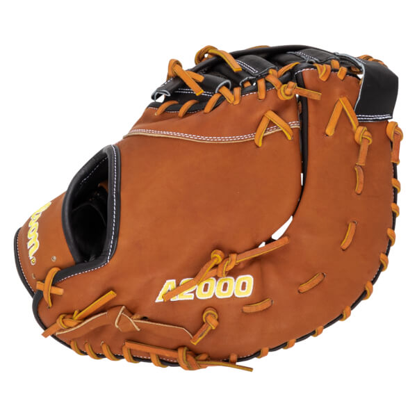 Front view of a brown baseball glove with orange lacing and "A2000" in yellow lettering.