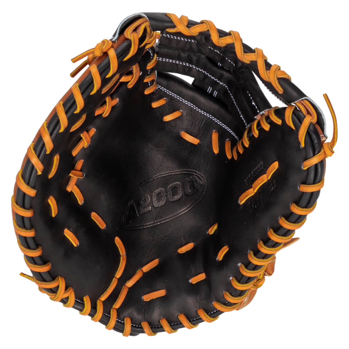 Top-down view of a black baseball glove with orange lacing and "A2000" embossed on the palm.