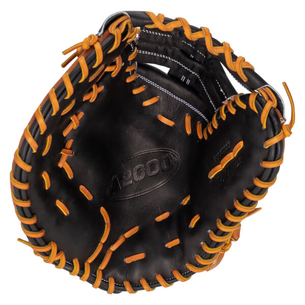 Top-down view of a black baseball glove with orange lacing and "A2000" embossed on the palm.