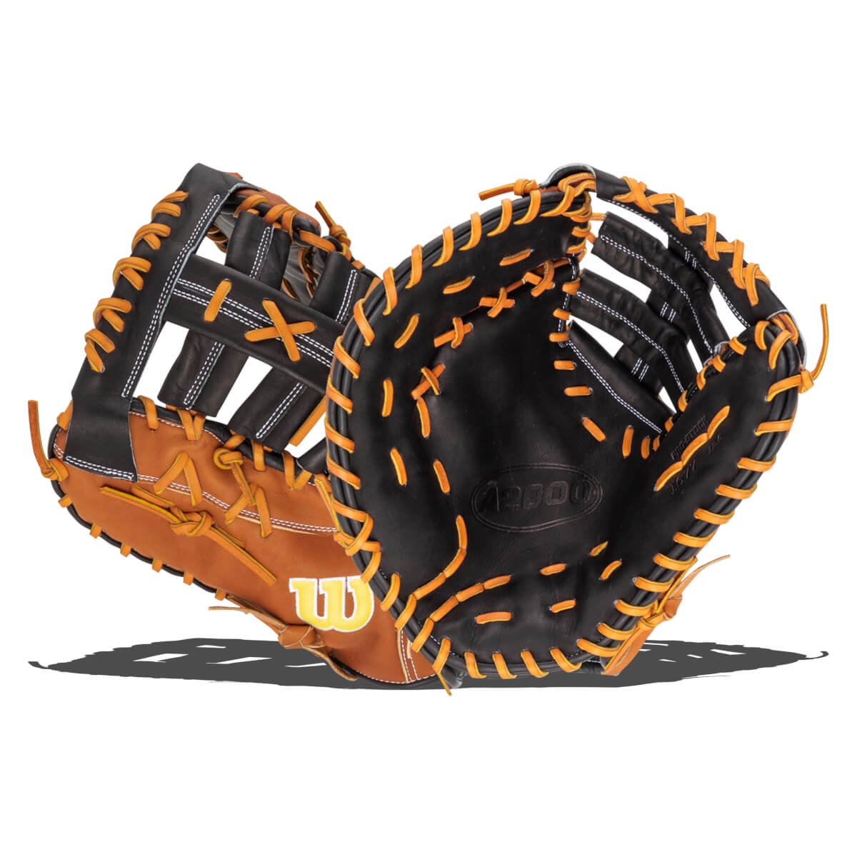 Front view of two black and tan baseball gloves with orange lacing, showing the "A2000" logo.