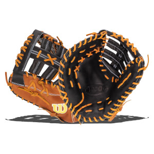 Front view of two black and tan baseball gloves with orange lacing, showing the "A2000" logo.