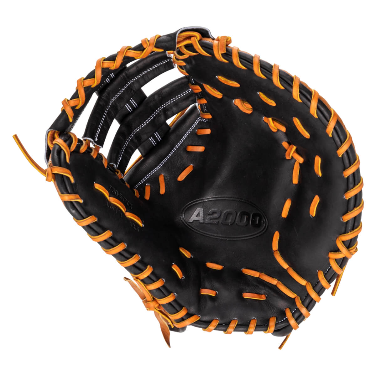 Top-down view of a black baseball glove with orange lacing and "A2000" embossed on the palm.