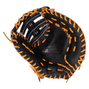 Top-down view of a black baseball glove with orange lacing and "A2000" embossed on the palm.