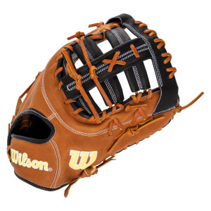 Front view of a brown baseball glove with black webbing, white stitching, and yellow "Wilson" logo.