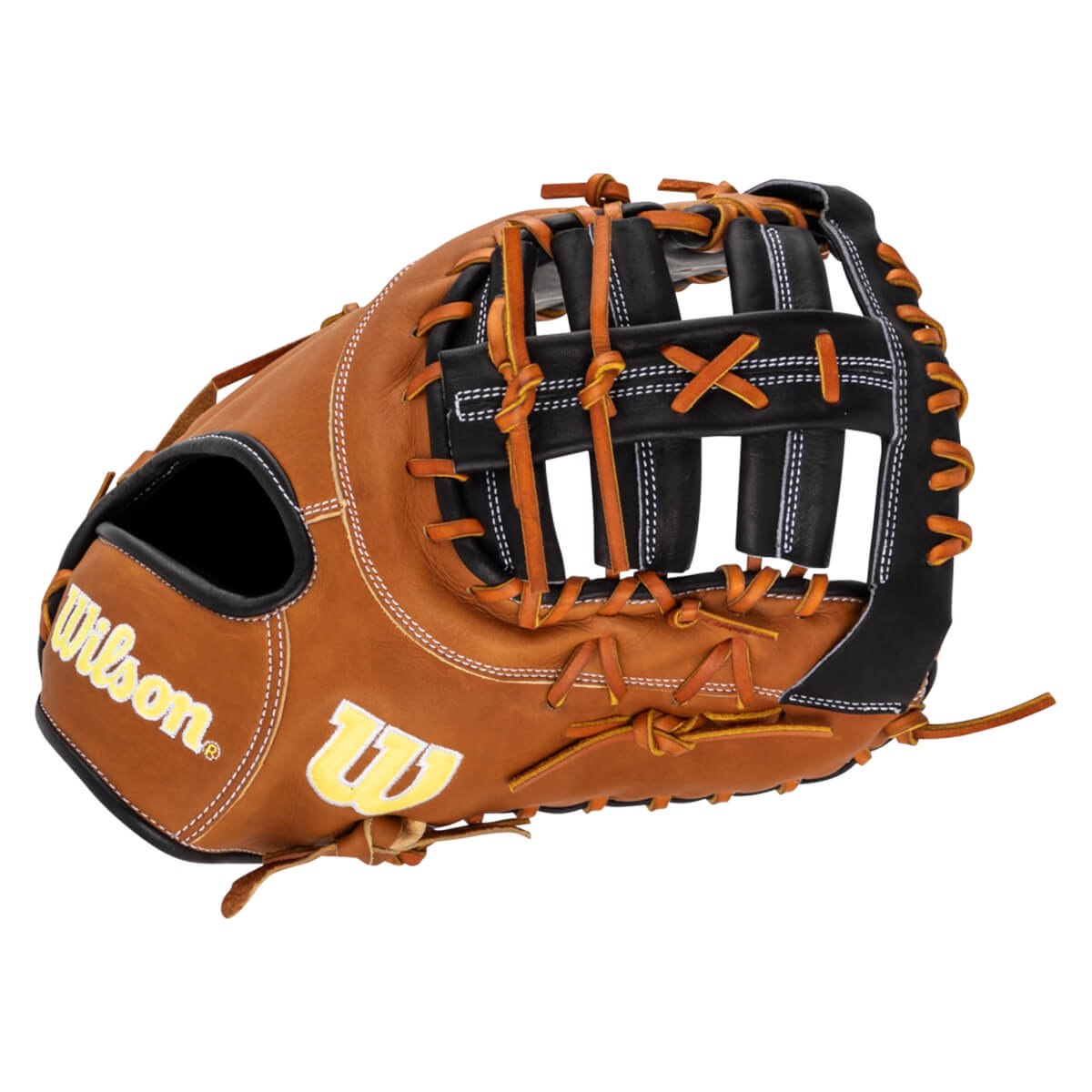 Side view of a brown Wilson baseball glove with black finger stalls and white stitching.