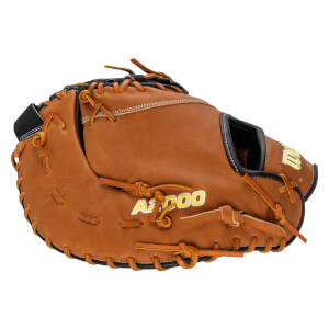Front view of a brown baseball glove with "A2000" embroidered in yellow and white.