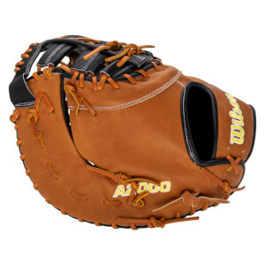 Side view of a brown leather baseball glove with yellow "A2000" and "Wilson" lettering.