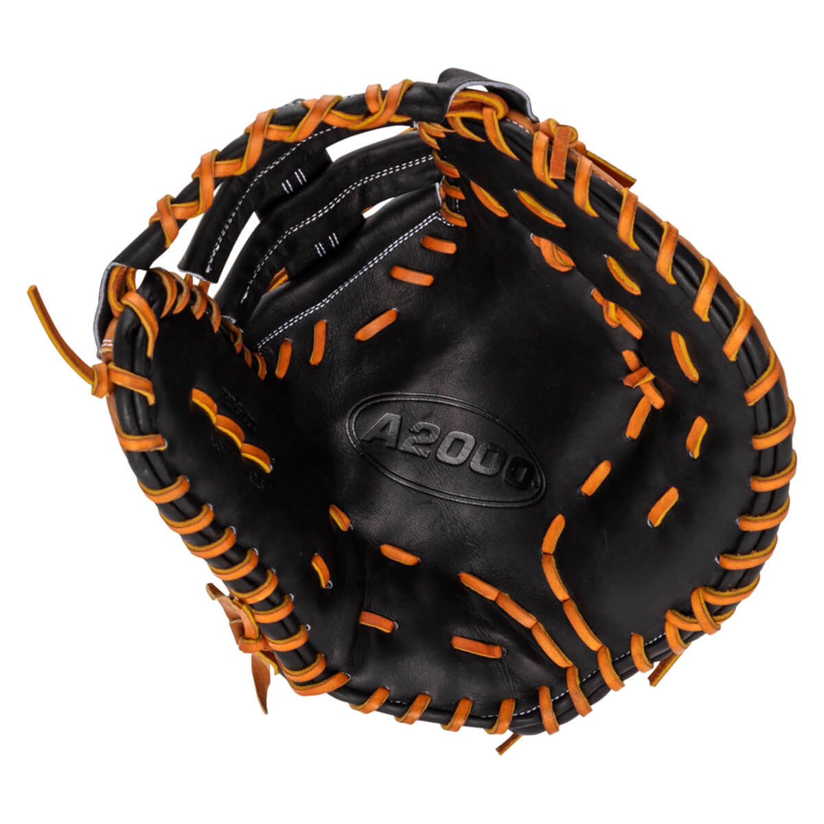Top-down view of a black baseball glove with orange lacing and "A2000" embossed on the palm.