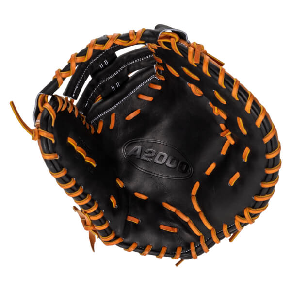 Top-down view of a black baseball glove with orange lacing and "A2000" embossed on the palm.