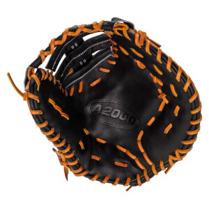 Top-down view of a black baseball glove with orange lacing and "A2000" embossed on the palm.