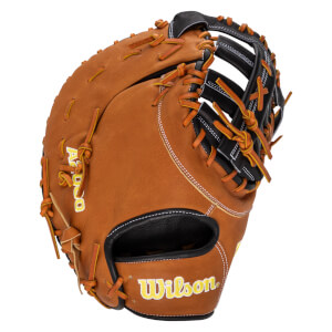 Close-up of a brown baseball glove with yellow "A2000" and "Wilson" lettering, featuring black padding and orange lacing.