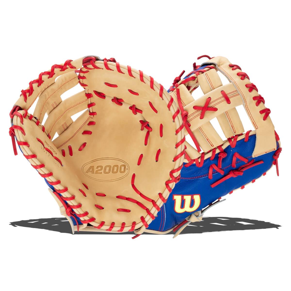 Front and side view of a Wilson A2000 first base mitt featuring a tan leather palm, blue textured shell, red laces, and a yellow logo.