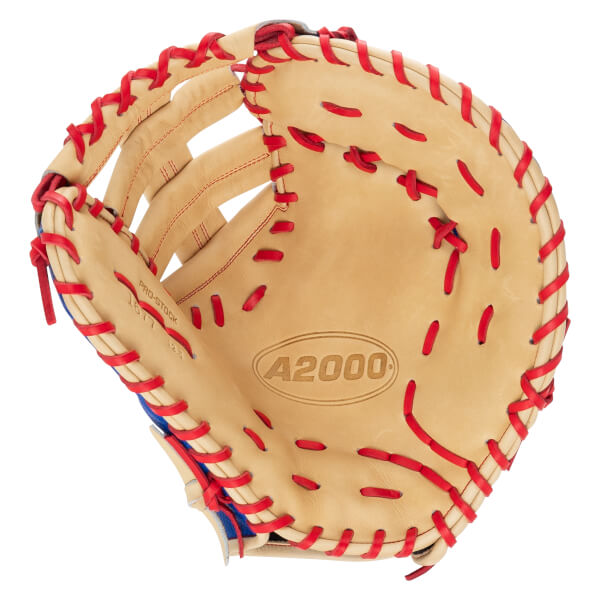 Front view of a tan first baseman's mitt with red laces featuring the A2000 logo in the pocket and PRO-STOCK 1677 12.5 text on the thumb.